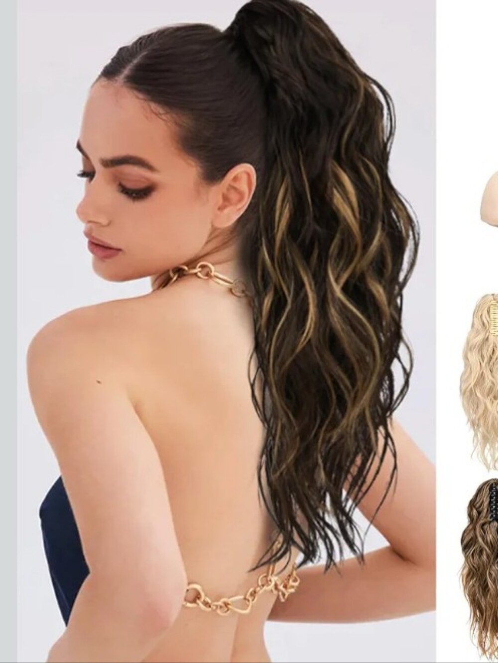 LONAI Wavy Clip-In Ponytail Extension - Dark Brown with Blonde Highlights.